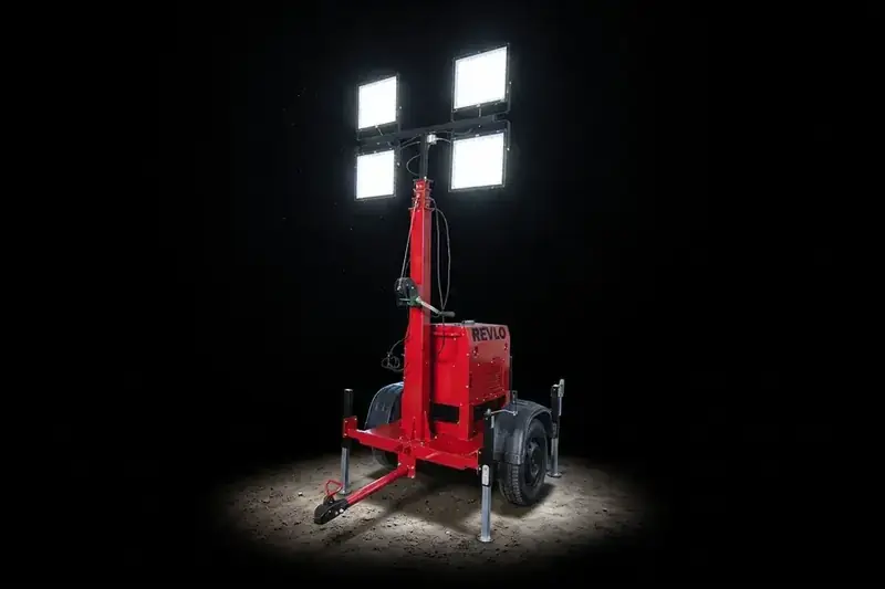 Torre de iluminação Revlo RV 4000 acesa à noite