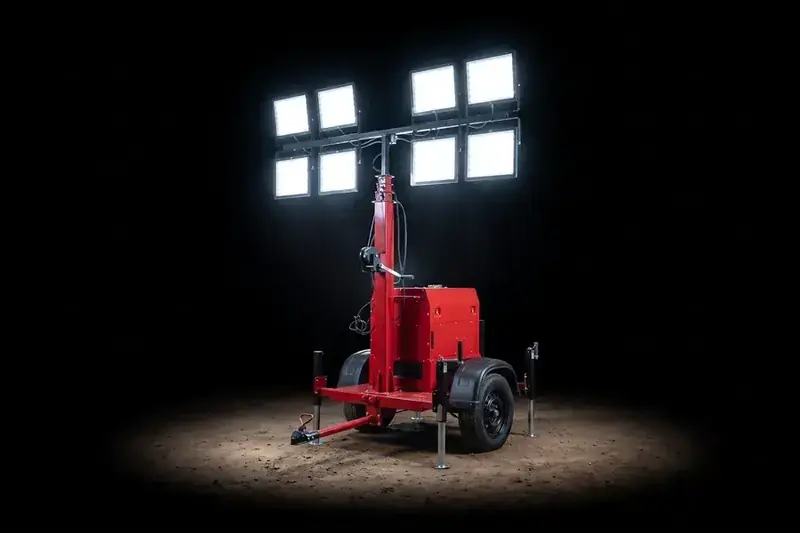 Torre de iluminação Revlo RV 4800 acesa à noite